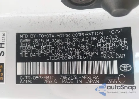 2022 Toyota Corolla Hybrid Le from USA, damaged, VIN JTDEAMDE4N3000217